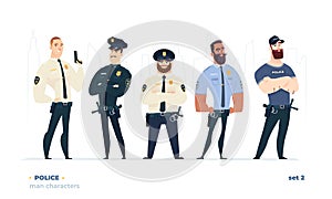 Police officers set. Young cheerful police men set. Police character collection.