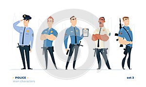 Police officers set. Young cheerful police men set. Police character collection.