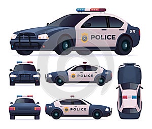 Police patrol car set. View front, rear, side, top.