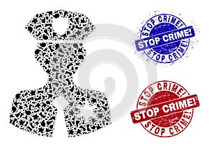 Police Patrolman Mosaic of Fragments with Stop Crime! Grunge Stamps photo