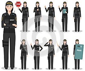 Police people concept. Detailed illustration of american policewoman, sheriff, SWAT officer standing in different poses