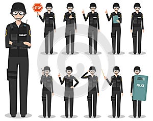 Police people concept. Detailed illustration of american policewoman, sheriff, SWAT officer standing in different poses