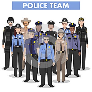 Police people concept. Detailed illustration of SWAT officer, policeman, policewoman and sheriff in flat style on white
