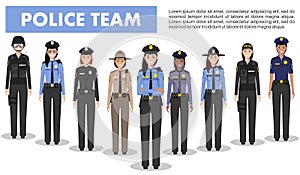 Police people concept. Detailed illustration of SWAT officer, policewoman and sheriff in flat style on white background. Vector il