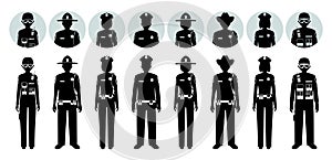 Police people concept. Set of different black silhouettes and avatars icons of SWAT officer, policeman, policewoman and