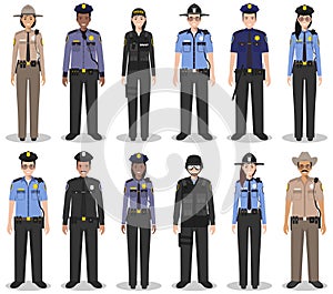 Police people concept. Set of different detailed illustration of SWAT officer, policeman, policewoman and sheriff in flat style