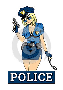 Police pin up girl with gun and handcuff, cartoon, character