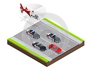 Police in pursuit of a criminal with a stolen car or drunk driving, speeding. Isometric Police Chase illustration
