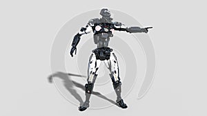 Police robot, law enforcement cyborg pointing, android cop isolated on white background, 3D render