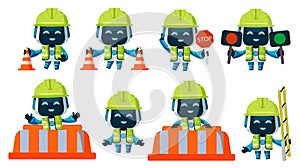 Police robots character vector set design. Robot traffic enforcer with helmet and boxes in standing and holding gestures.