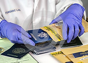 Police scientist takes several passports out of an evidence bag in crime lab