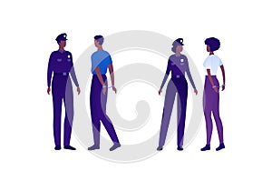 Police security character concept. Vector flat person illustration set. Group of african american people. Man and woman officer