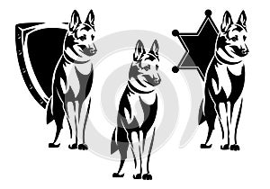 police shepherd dog by metal heraldic shield and sheriff star black and white vector emblem
