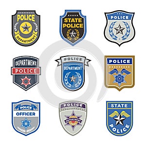 Police shield. Government agent badges and police department officer security vector symbols