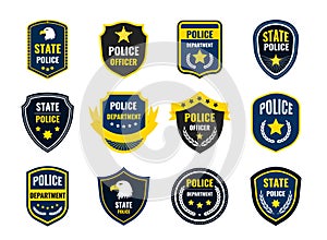 Police shield. Policeman and security department badge, government federal department authority symbol. Vector cop sign