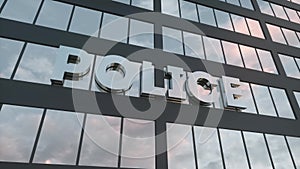 Police sign on a modern glass skyscraper. Police glass building. 3d rendering