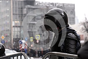 Police soldier stands in a cordon at a protest action against the arrest of Alexei Navalny in Moscow on January 23, 2021