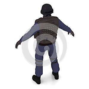 Police special forces officer in black uniform isolated on white. 3D illustration