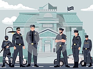 Police station. City department exterior with patrol cars and policeman officers, investigation bureau with cops flat cartoon