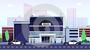 Police station. City police department building and cops. Policeman car at office security exterior. Law enforcement