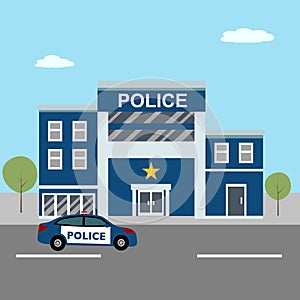 Police station department building in city landscape with police car in flat design.