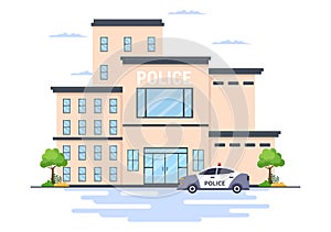 Police Station Department Building with Policeman and Police Car in Flat Style Background Illustration