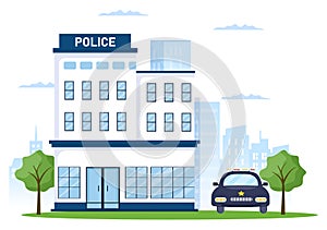 Police Station Department Building with Policeman and Police Car in Flat Style Background Illustration