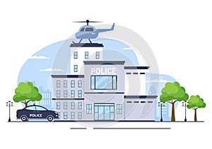 Police Station Department Building with Policeman and Police Car in Flat Style Background Illustration