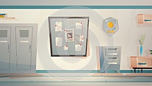 Police station or department, investigation office room interior, cartoon vector illustration.