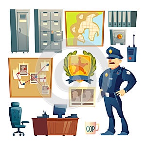 Police station interior element cartoon vector set