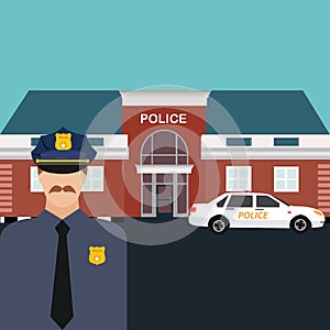 Police station officer standing in front of office with car vector