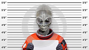 Police-style mugshot of an alien character dressed in an orange spacesuit, holding an empty name placard against height chart