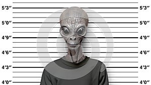 Police-style mugshot of an extraterrestrial being with grey skin and big eyes wearing t-shirt against height measurement ruler in