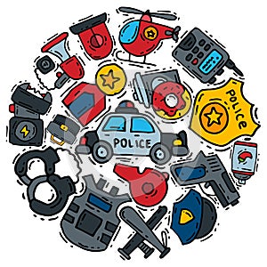 Police symbol justice icons round vector set illustration. Collection of on-duty policemen signs, symbols of policing