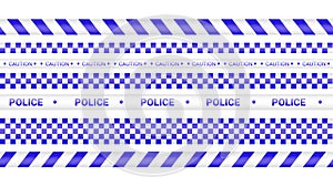 Police tape, crime danger line. Barricade police lines isolated. Warning and barricade tapes. Set of blue warning ribbons. Vector