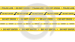 Police tape, crime danger line. Caution police lines isolated. Do not cross tapes. Set of yellow warning ribbons. Vector