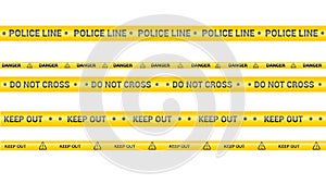 Police tape, crime danger line. Caution police lines isolated. Keep out and warning tapes. Set of yellow warning ribbons