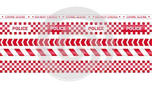 Police tape, crime danger line. Caution police lines isolated. Warning barricade tapes. Set of red warning ribbons. Vector