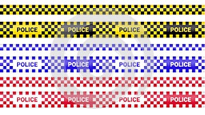 Police tape, crime danger line. Caution police lines isolated. Warning barricade tapes. Set of warning ribbons. Vector