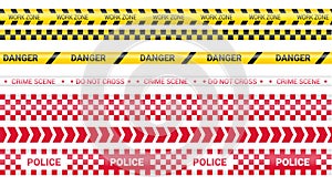 Police tape, crime danger line. Caution police lines isolated. Warning barricade tapes. Set of warning ribbons. Vector