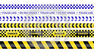 Police tape, crime danger line. Caution police lines isolated. Warning barricade tapes. Set of warning ribbons. Vector