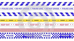 Police tape, crime danger line. Caution police lines isolated. Warning barricade tapes. Set of warning ribbons. Vector