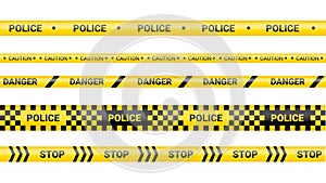 Police tape, crime danger line. Caution police lines isolated. Warning and barricade tapes. Set of yellow warning
