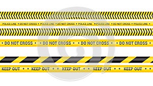 Police tape, crime danger line. Caution police lines isolated. Warning do not cross tapes. Set of yellow warning ribbons. Vector