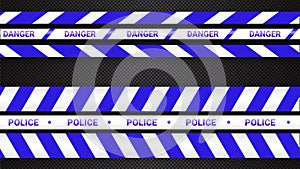 Police tape, crime danger line. Caution police lines isolated. Warning tapes. Set of blue warning ribbons. Vector illustration on