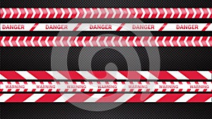 Police tape, crime danger line. Caution police lines isolated. Warning tapes. Set of red warning ribbons. Vector