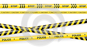 Police tape, crime danger line. Caution police lines isolated. Warning tapes. Set of yellow warning ribbons. Vector