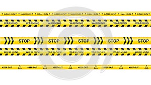 Police tape, crime danger line. Caution police lines isolated. Warning tapes. Set of yellow warning ribbons. Vector