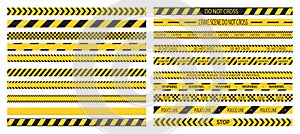 Police tape. Set of danger caution tapes. Do not cross, police, crime danger line, bright yellow official crime scene barrier tape