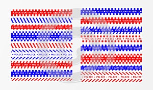 Police tape warning danger set isolated. Barricade tape, Do not cross, police crime scene line red and blue official
